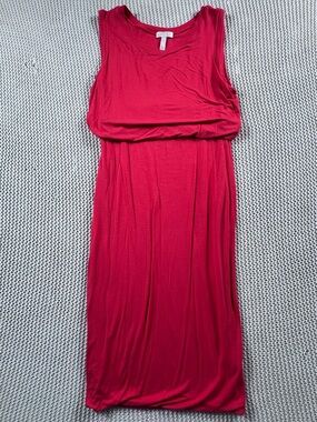 Leith Bright Coral Blouson Sleeveless Midi Dress Rayon Stretch Size M